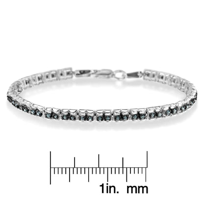 Jewelry Black Rhodium over .925 Sterling Silver 1.0 Cttw Rose Cut Diamond Double-Link 7" Tennis Bracelet (Blue Color, I1-I2 Clarity)