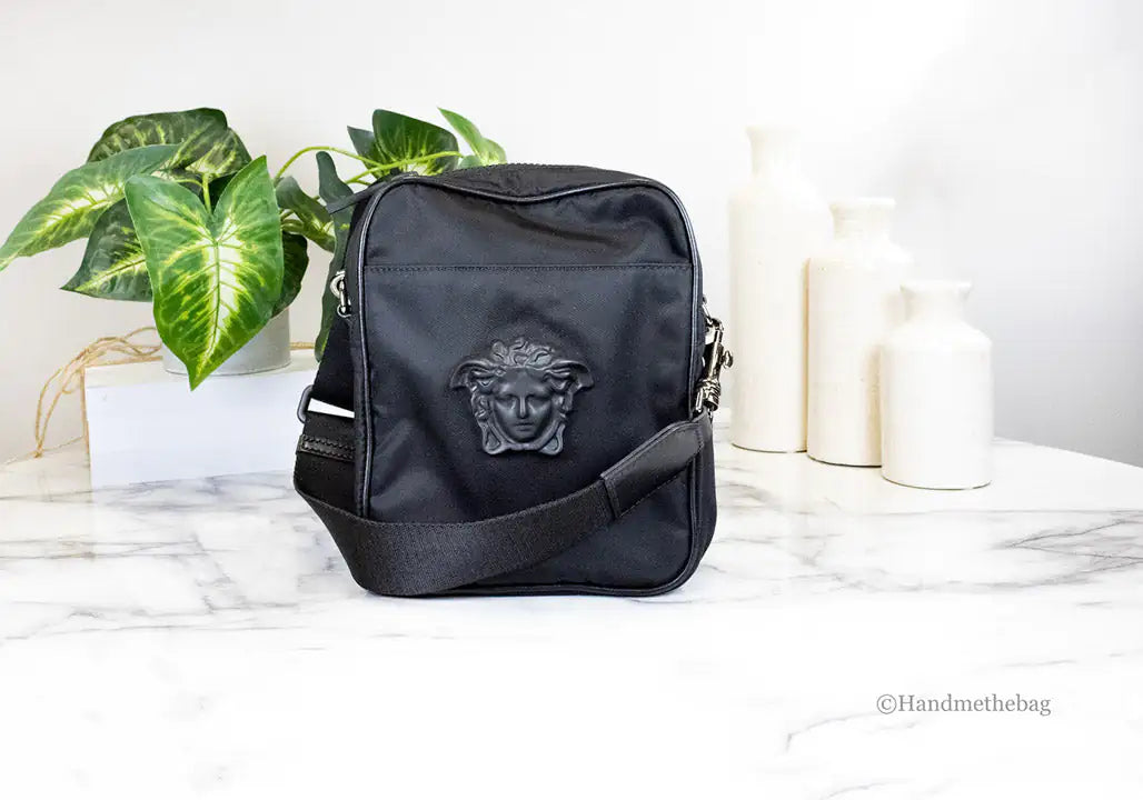 Versace Small Black Nylon Medusa Crossbody Messenger Bag