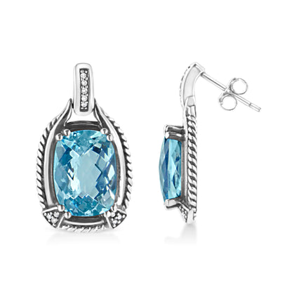 Gioielli - Orecchini pendenti in argento sterling .925 con pietra preziosa topazio blu taglio cuscino 14x10 mm e diamanti (colore IJ, purezza I1-I2)