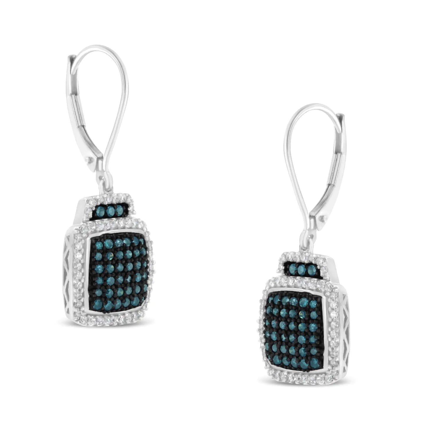 Jewelry Black Rhodium over .925 Sterling Silver ¾ Cttw Blue and White Diamond Cushion Shaped Dangle Earrings (Enhanced Blue & I-J Color, I2-I3 Clarity)