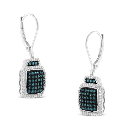 Jewelry Black Rhodium over .925 Sterling Silver ¾ Cttw Blue and White Diamond Cushion Shaped Dangle Earrings (Enhanced Blue & I-J Color, I2-I3 Clarity)