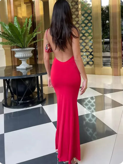 Vestido midi elegante con tirantes y espalda descubierta para mujer