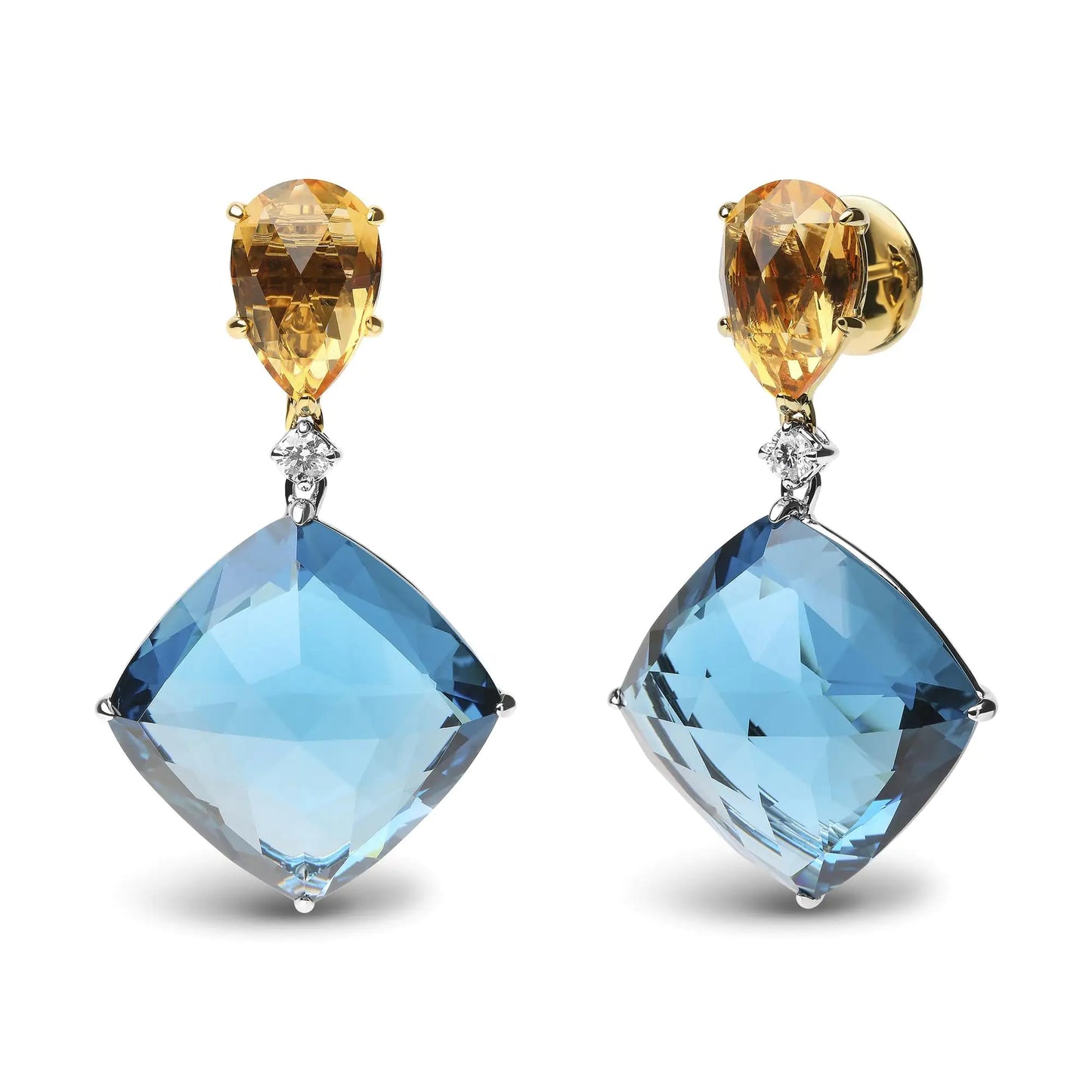 Jewelry - 18K White and Yellow Gold 1/6 Cttw Diamond with Pear Cut Yellow Citrine and 20mm Cushion Cut Blue Topaz Gemstone Dangle Earrings (G-H Color, SI1-SI2 Clarity)