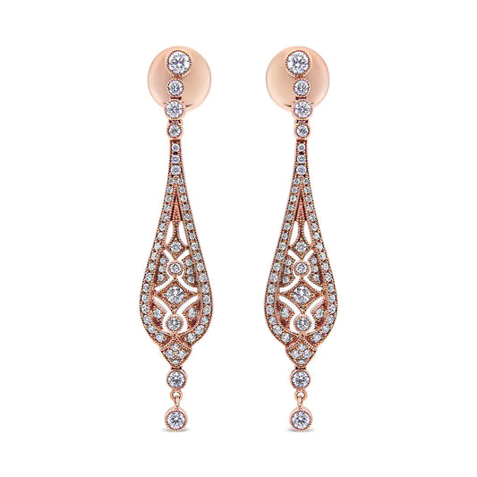 Jewelry - 18K Rose Gold 1 3/4 Cttw Diamond Milgrain Edged Vintage Art Deco Style Drop and Dangle Earring (F-G Color, VS1-VS2 Clarity)