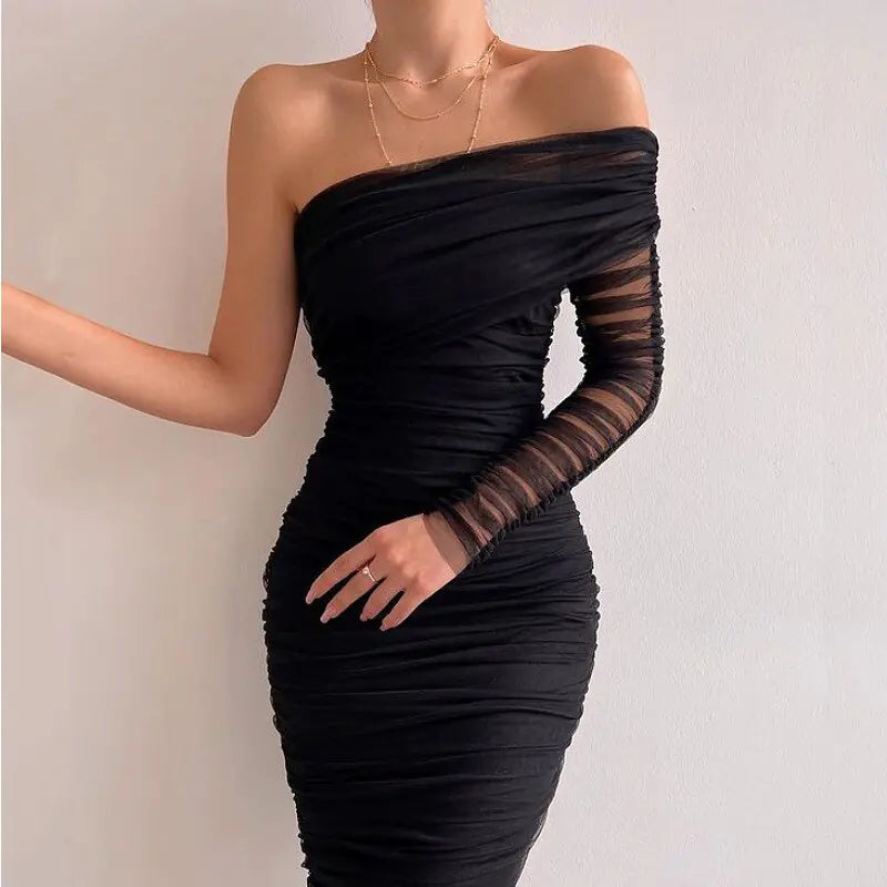 Sexy Mesh Dress Diagonal Backless