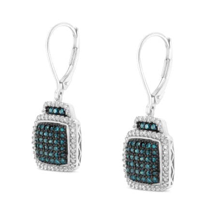 Jewelry Black Rhodium over .925 Sterling Silver ¾ Cttw Blue and White Diamond Cushion Shaped Dangle Earrings (Enhanced Blue & I-J Color, I2-I3 Clarity)