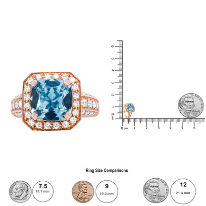 18K Rose Gold 10x10mm Cushion Shaped Aquamarine and 1 1/8 Cttw Round Diamond Halo Ring (F-G Color, VS1-VS2 Clarity)