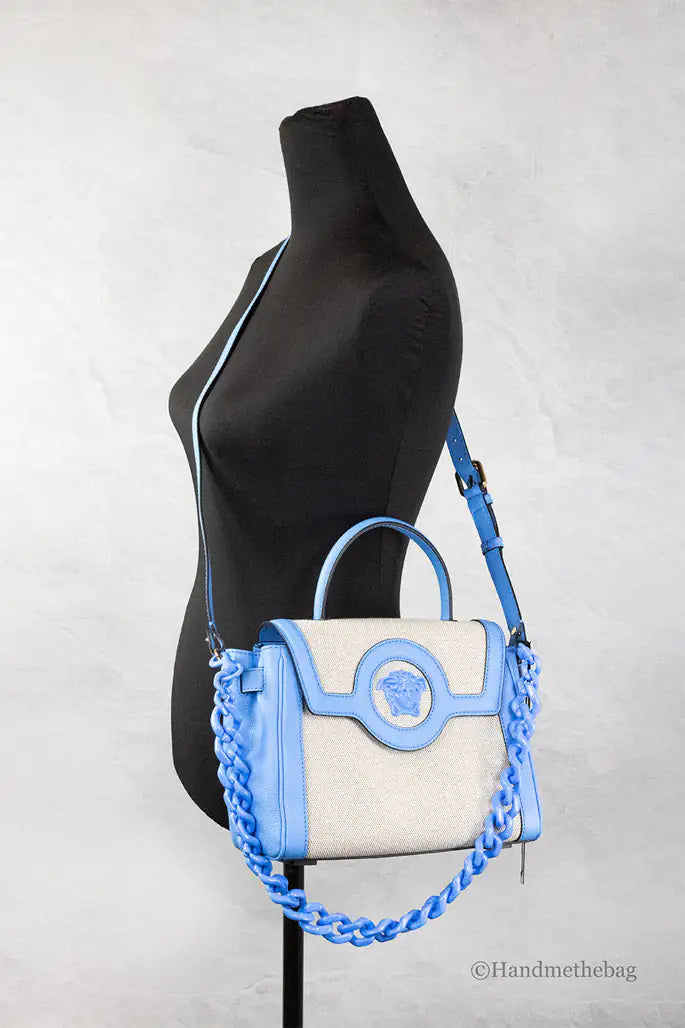 Versace La Medusa Blue Leather Canvas Satchel Tote