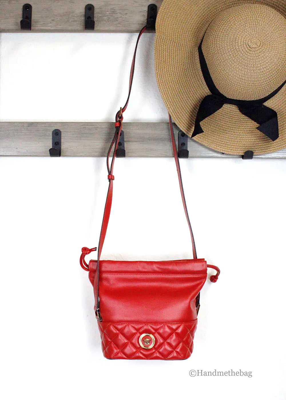 Versace Red Quilted Leather Drawstring Bucket Crossbody Bag