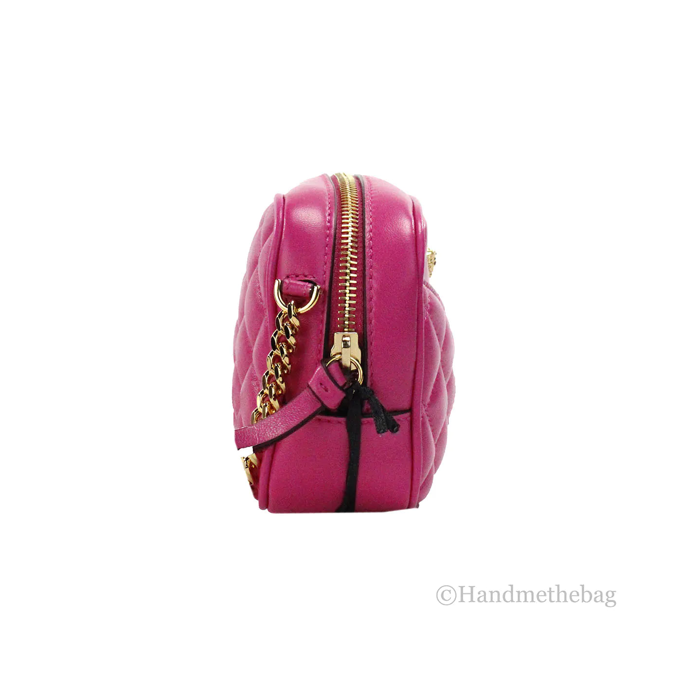 Autentica borsa a tracolla Versace piccola in pelle fucsia trapuntata con catena per fotocamera