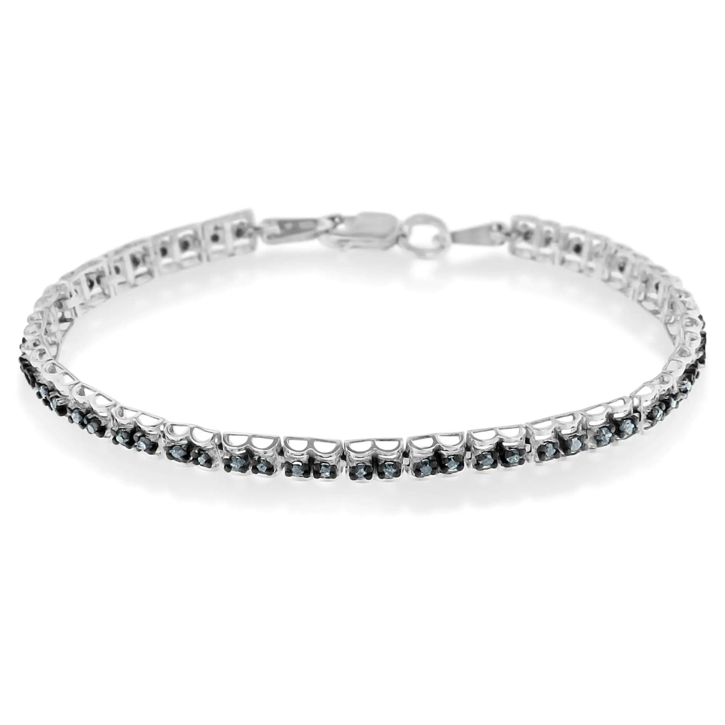 Jewelry Black Rhodium over .925 Sterling Silver 1.0 Cttw Rose Cut Diamond Double-Link 7" Tennis Bracelet (Blue Color, I1-I2 Clarity)