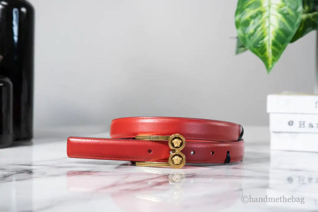 Versace Slim Red Leather Double Medusa Pendant Adjustable Belt