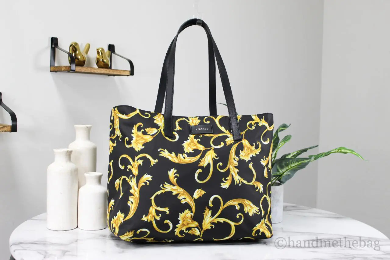 Autentica borsa a mano Versace grande in nylon con stampa oro nero