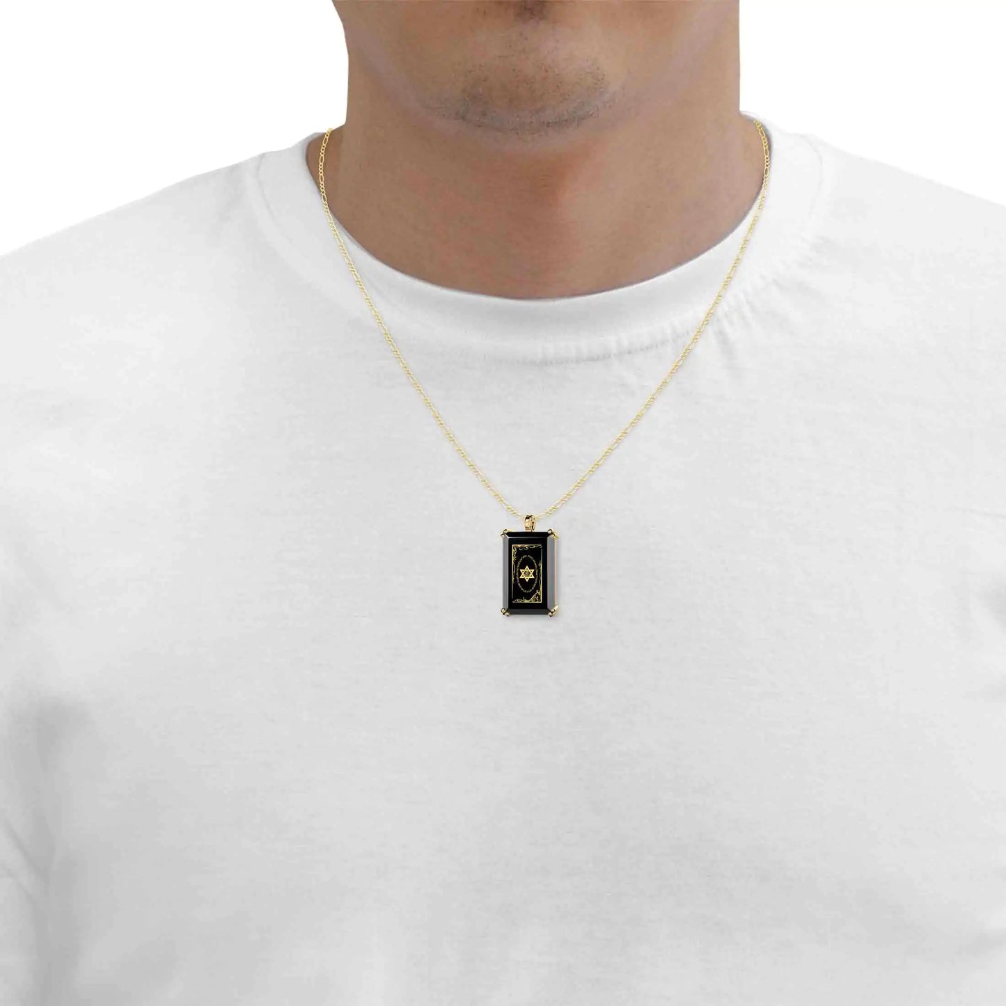 Men's Star of David Necklace Shema Israel Pendant 24k Gold Inscribed on Onyx