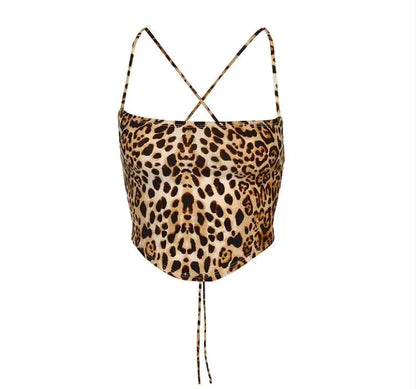 Top sexy con stampa leopardata selvaggia europea e americana, con spalline incrociate, canotta e sottoveste, ombelico nudo, ragazza sexy