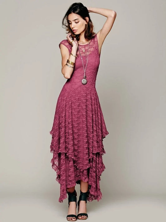 "Rainbow Galore Top Pick" Elegant Asymmetric Hem Lace Dress