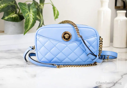 Versace Small DV Blue Lamb Leather Quilted Camera Bag