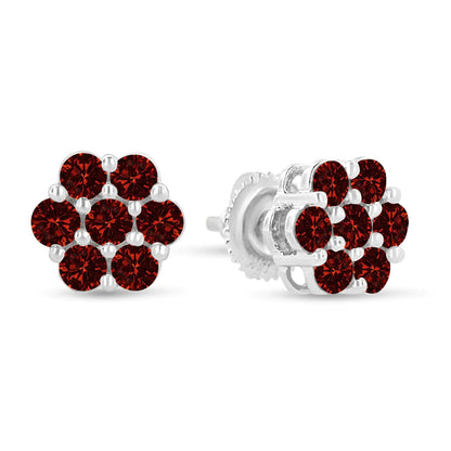 Jewelry - 14K White Gold 1.0 Cttw Treated Red Diamond Prong Set 7 Stone Floral Stud Earrings (Treated Red Color, SI2-I1 Clarity)