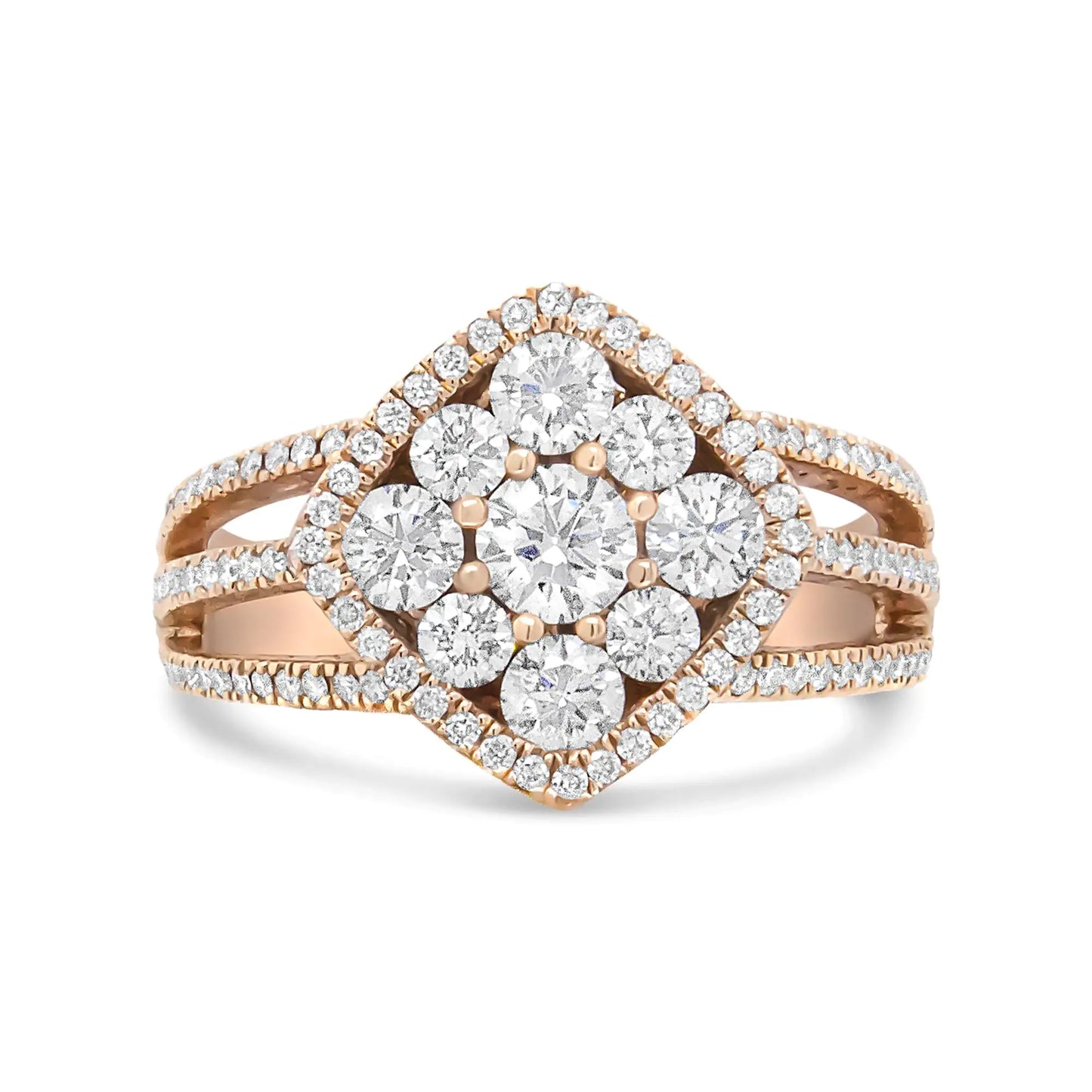 Jewelry - 18K Rose Gold 1 1/4 Cttw Diamond Halo Cluster Split Shank Ring Band (F-G Color, VS1-VS2 Clarity)