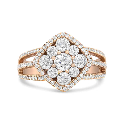 Jewelry - 18K Rose Gold 1 1/4 Cttw Diamond Halo Cluster Split Shank Ring Band (F-G Color, VS1-VS2 Clarity)