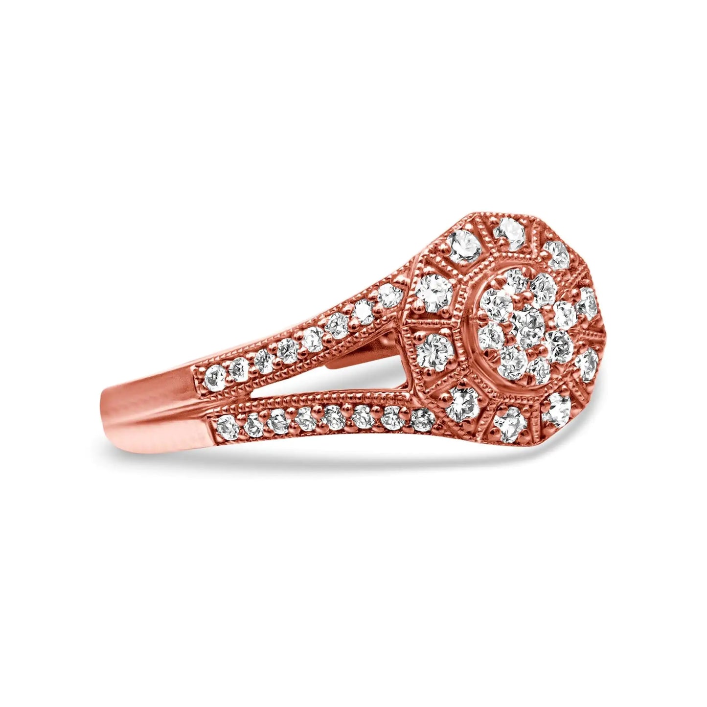 "Rainbow Galore Top Pick" Jewelry - 14K Rose Gold Plated .925 Sterling Silver 1/2 Cttw Pave Diamond Halo Cluster Split Shank Cocktail Ring (I-J Color, I1-I2 Clarity)