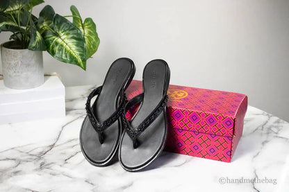 Tory Burch Everly Black Leather Chain Flip Flop Sandals