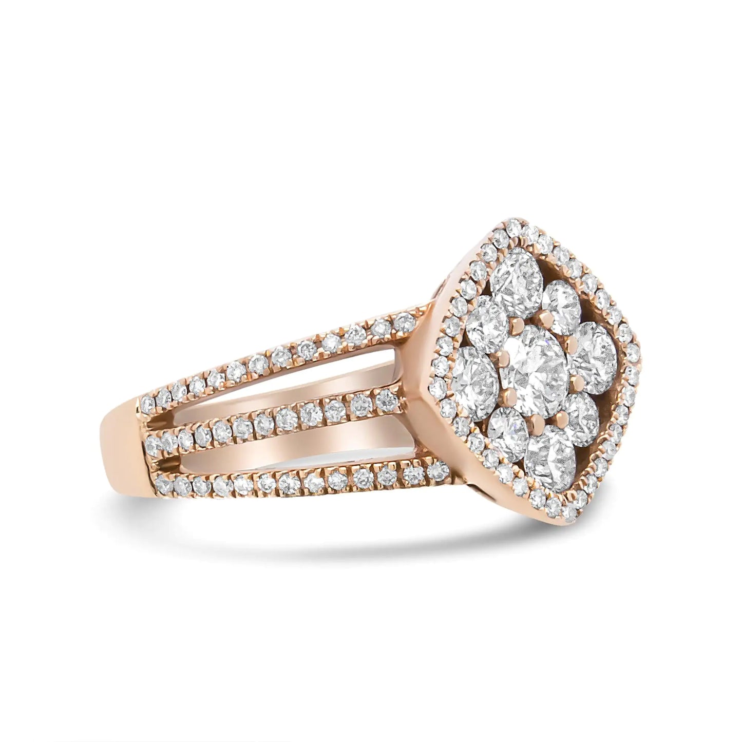 Jewelry - 18K Rose Gold 1 1/4 Cttw Diamond Halo Cluster Split Shank Ring Band (F-G Color, VS1-VS2 Clarity)