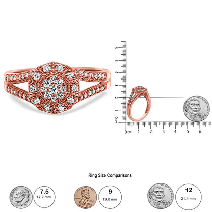 "Rainbow Galore Top Pick" Jewelry - 14K Rose Gold Plated .925 Sterling Silver 1/2 Cttw Pave Diamond Halo Cluster Split Shank Cocktail Ring (I-J Color, I1-I2 Clarity)