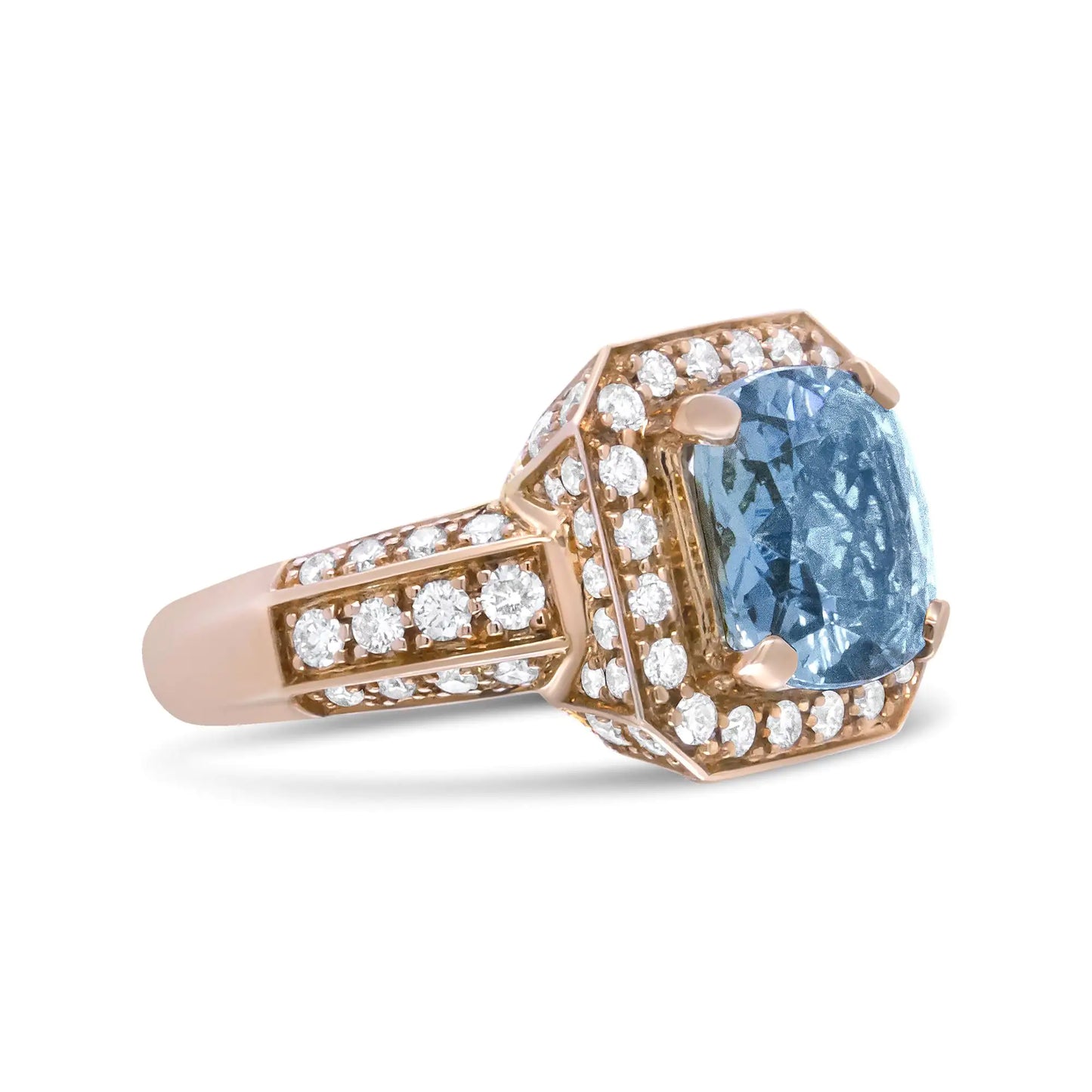 18K Rose Gold 10x10mm Cushion Shaped Aquamarine and 1 1/8 Cttw Round Diamond Halo Ring (F-G Color, VS1-VS2 Clarity)