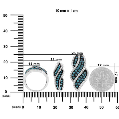 Gioielli - Anello con pavé di diamanti blu da 1-1/2 carati in argento sterling rodiato su .925, collana con ciondolo da 18" e orecchini (colore migliorato, purezza I1-I2)