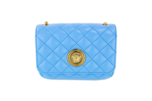 Versace Small Quilted Blue Leather Chain Shoulder Crossbody