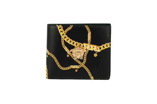 Portafoglio bifold autentico Versace in pelle nera con logo Medusa Chain dorato