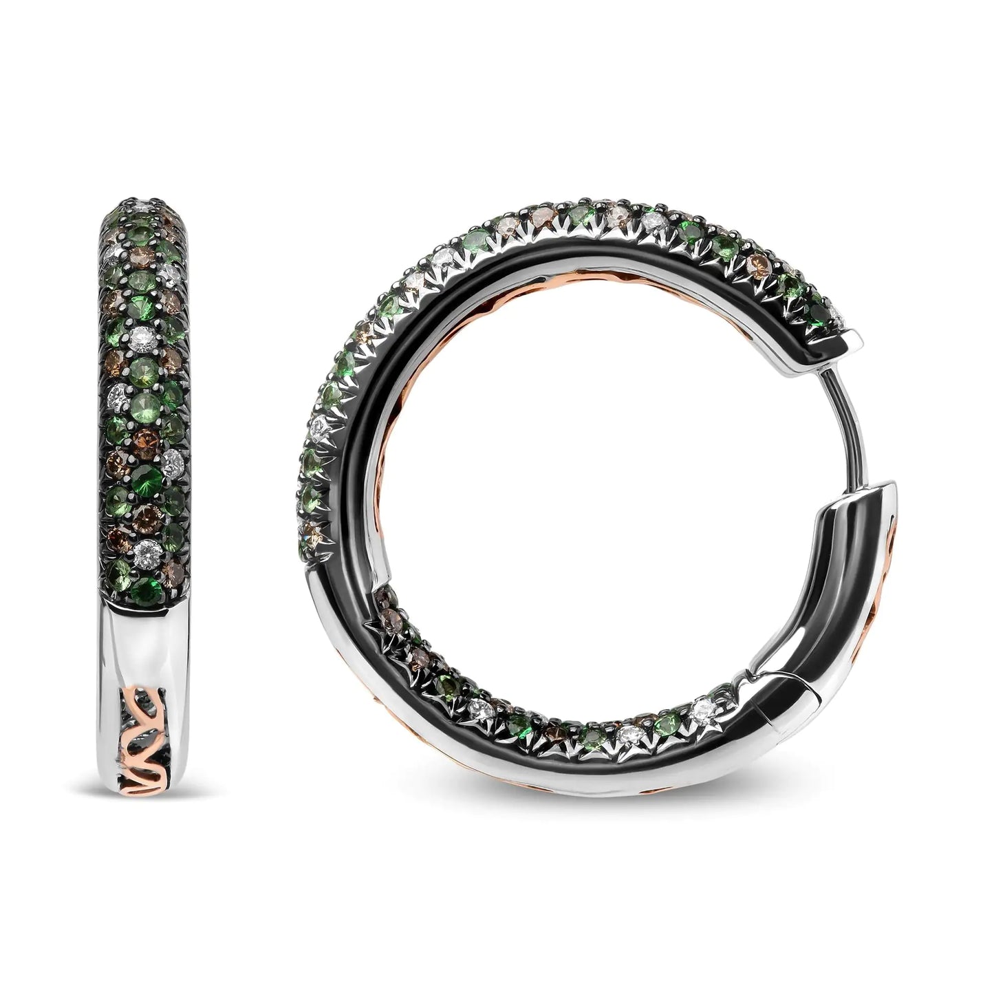 Jewelry -  18K White Gold 1.00 Cttw Brown and White Diamond and 1.3mm Round Green Tsavorite Gemstone Inside Outside Hoop Earrings (Brown and G-H Color, SI1-SI2 Clarity)