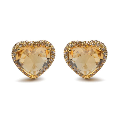 Jewelry - 18K Yellow Gold 2/3 Cttw Brown Diamonds and 11x11mm Heart-Cut Yellow Citrine Gemstone Halo Heart Stud Earrings (Brown Color, SI1-SI2 Clarity)