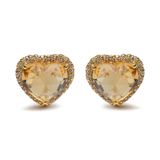 Jewelry - 18K Yellow Gold 2/3 Cttw Brown Diamonds and 11x11mm Heart-Cut Yellow Citrine Gemstone Halo Heart Stud Earrings (Brown Color, SI1-SI2 Clarity)