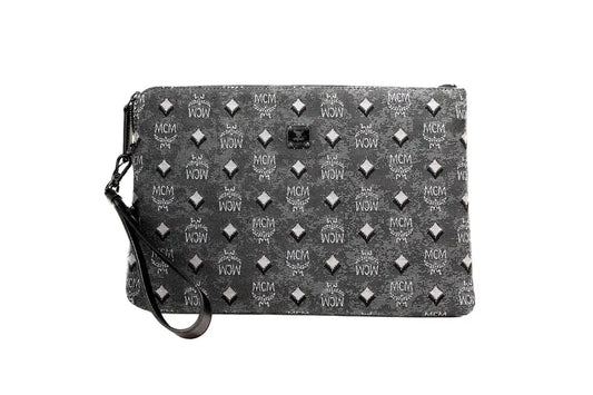 MCM Veritas Medium Dark Grey Denim Monogram Clutch Pouch