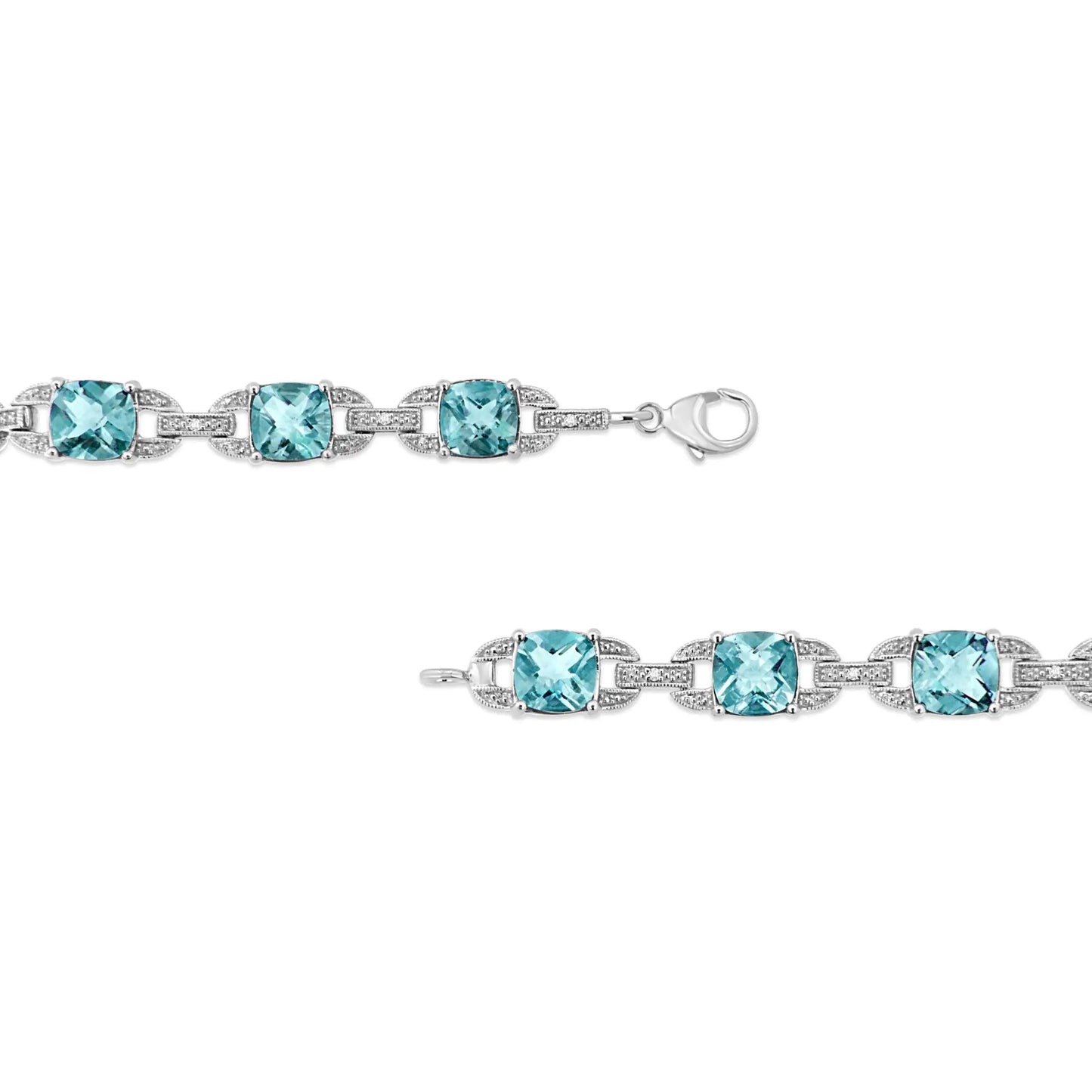 Gioielli - Bracciale tennis alla moda in argento sterling .925 con topazio blu taglio cuscino da 7x7 mm e diamante taglio rotondo da 1/20 cttw (colore IJ, purezza I1-I2) - 7"