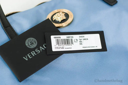 正品 Versace Portuna Medusa 中号矢车菊蓝色尼龙皮革手提包