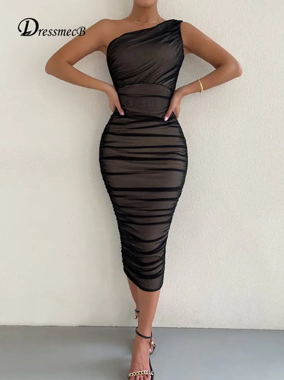 Mesh One-Shoulder Ruched Dress