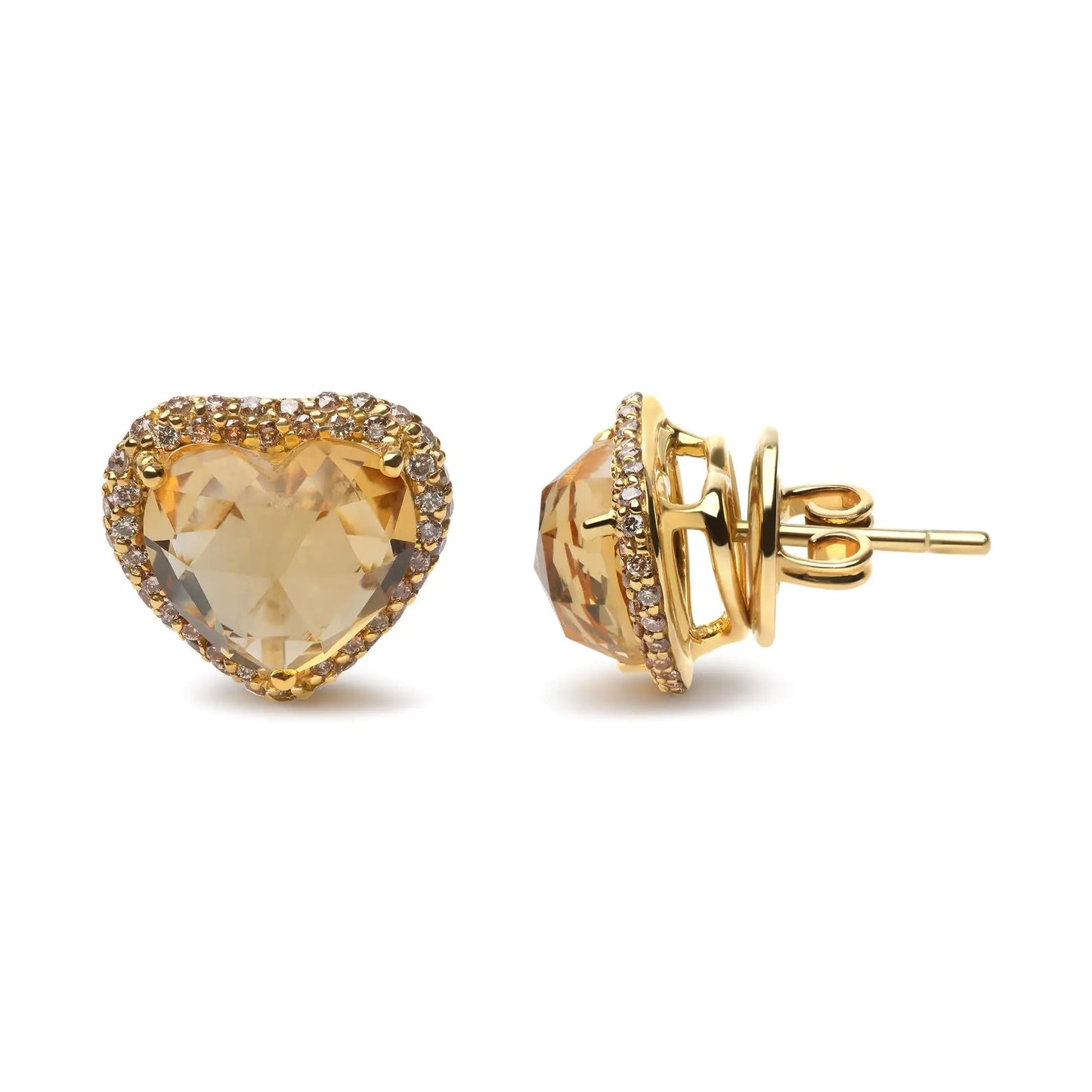 Jewelry - 18K Yellow Gold 2/3 Cttw Brown Diamonds and 11x11mm Heart-Cut Yellow Citrine Gemstone Halo Heart Stud Earrings (Brown Color, SI1-SI2 Clarity)