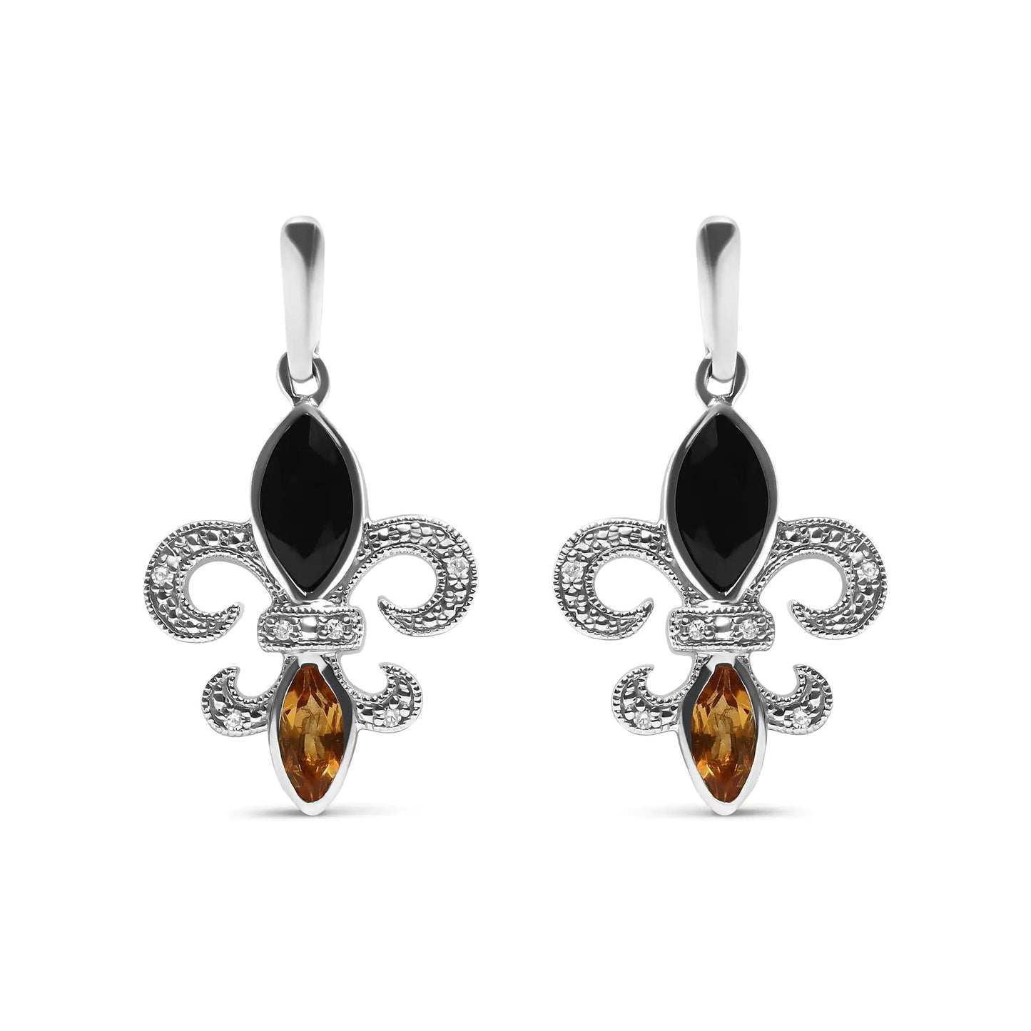 Jewelry -  .925 Sterling Silver Marquise Cut Onyx and Citrine with Diamond Accent Fleur De Lis Drop Stud Earrings (H-I Color, SI1-SI2 Clarity)