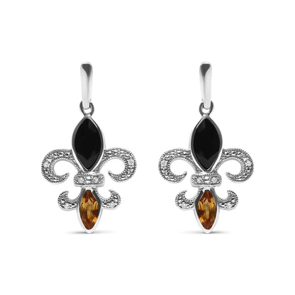 Jewelry -  .925 Sterling Silver Marquise Cut Onyx and Citrine with Diamond Accent Fleur De Lis Drop Stud Earrings (H-I Color, SI1-SI2 Clarity)