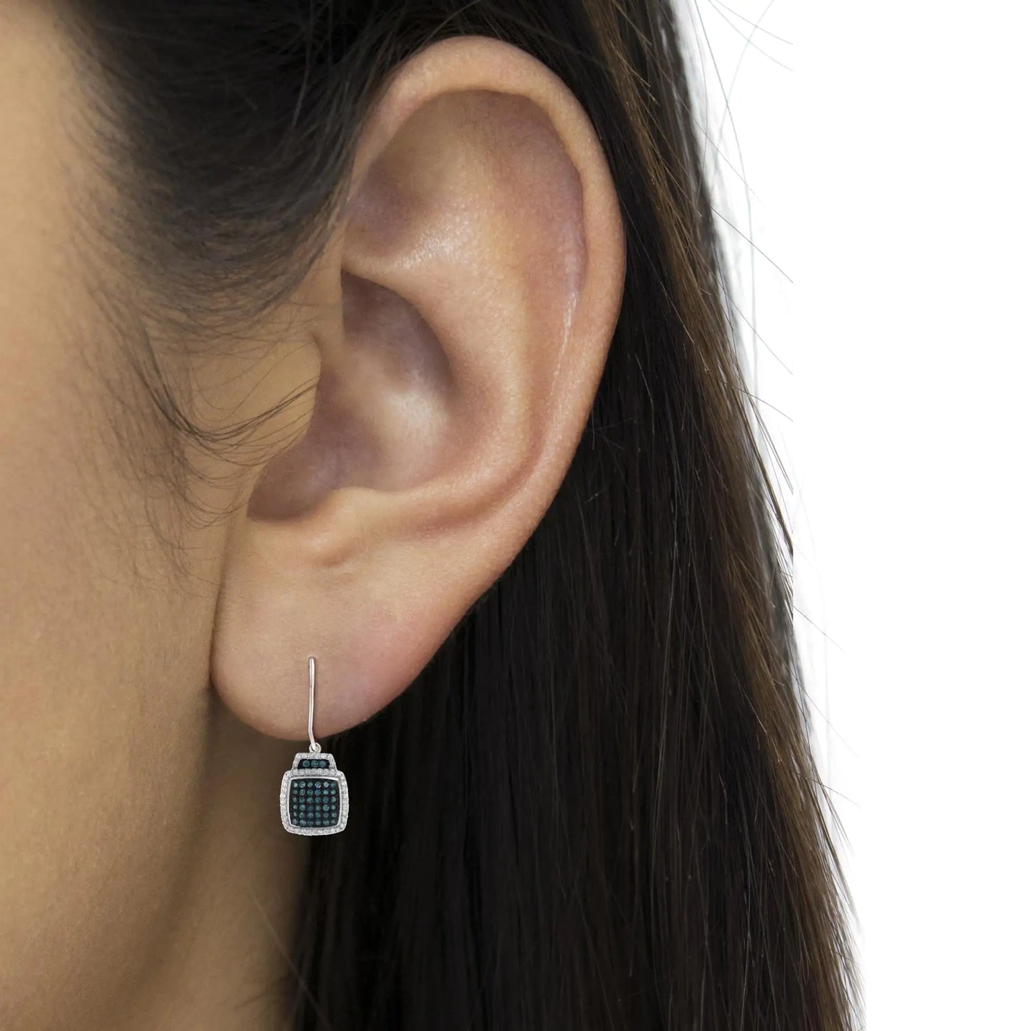 Jewelry Black Rhodium over .925 Sterling Silver ¾ Cttw Blue and White Diamond Cushion Shaped Dangle Earrings (Enhanced Blue & I-J Color, I2-I3 Clarity)