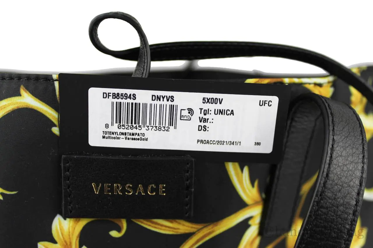 Autentica borsa a mano Versace grande in nylon con stampa oro nero