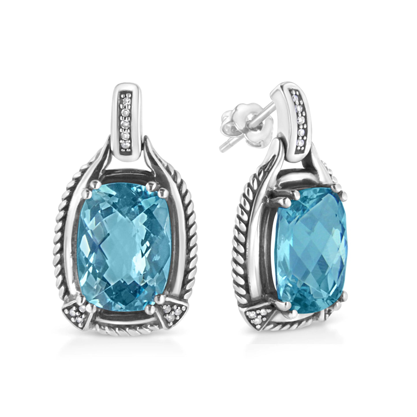 Gioielli - Orecchini pendenti in argento sterling .925 con pietra preziosa topazio blu taglio cuscino 14x10 mm e diamanti (colore IJ, purezza I1-I2)