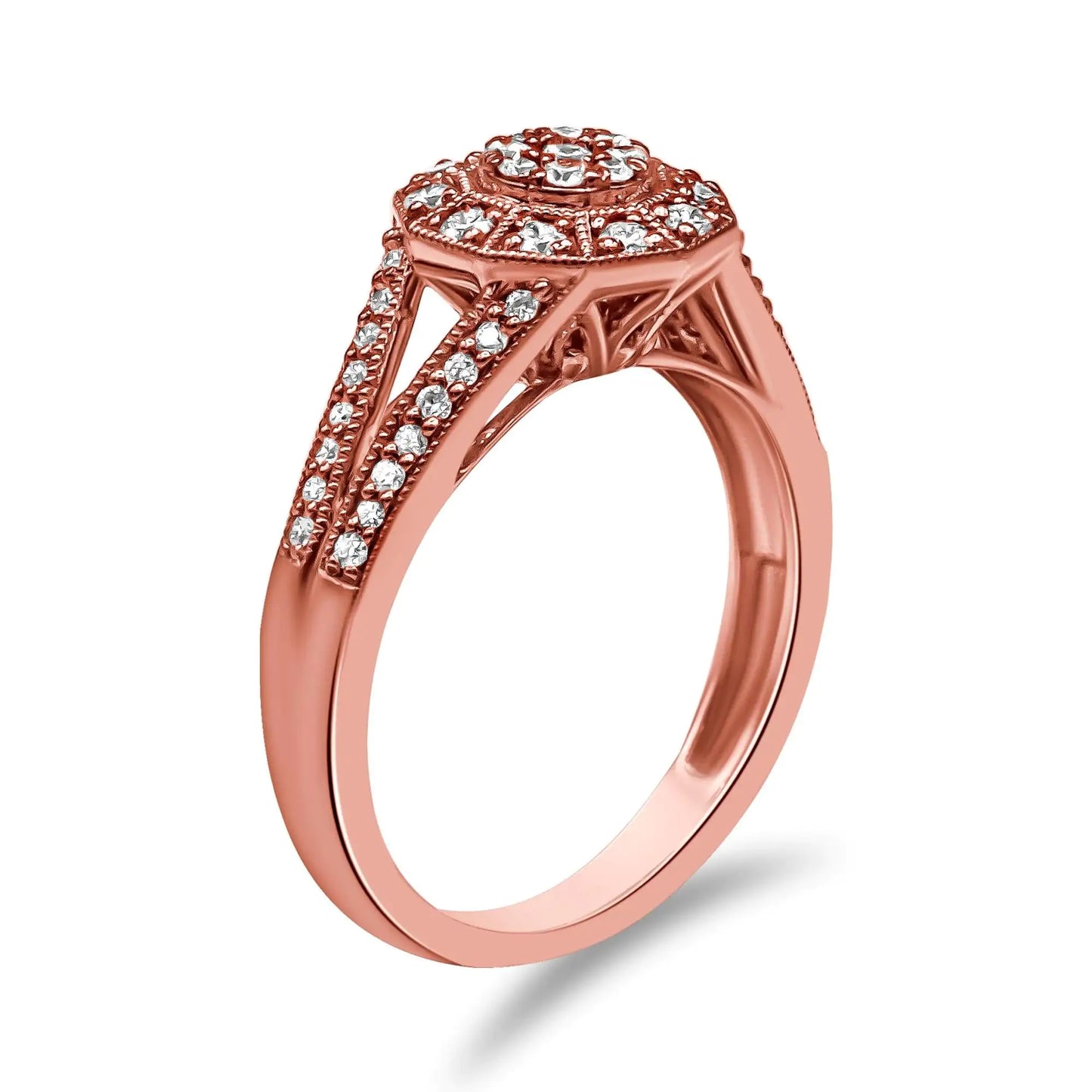 "Rainbow Galore Top Pick" Jewelry - 14K Rose Gold Plated .925 Sterling Silver 1/2 Cttw Pave Diamond Halo Cluster Split Shank Cocktail Ring (I-J Color, I1-I2 Clarity)