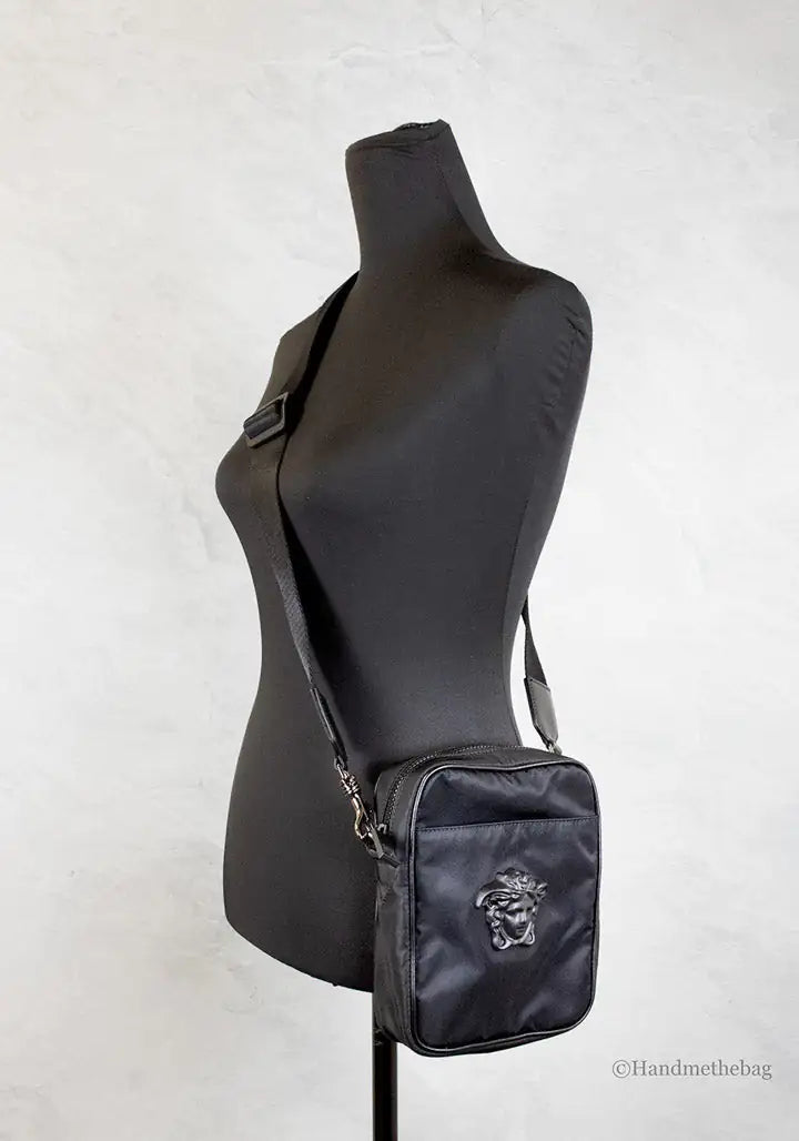 Versace Small Black Nylon Medusa Crossbody Messenger Bag