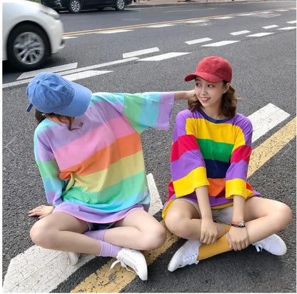 Korean Rainbow Stripes Printed T-shirt