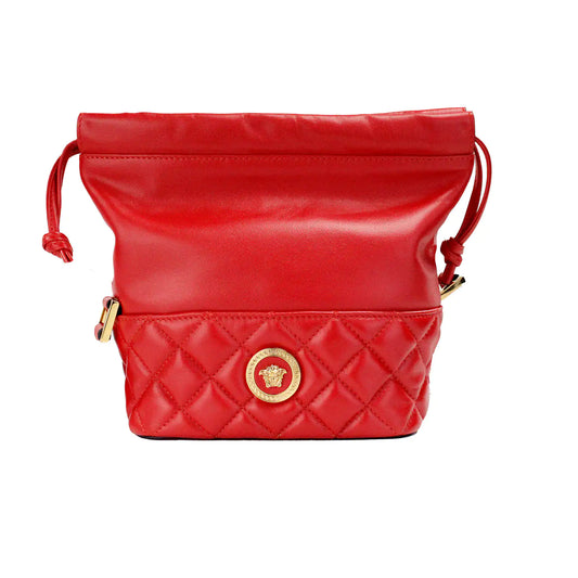 Versace Red Quilted Leather Drawstring Bucket Crossbody Bag