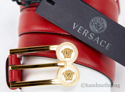 Versace Slim Red Leather Double Medusa Pendant Adjustable Belt